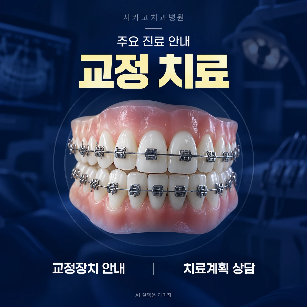 교정 치료 — AI 설명용 이미지이며 실제 환자·시술 사진이 아닙니다.